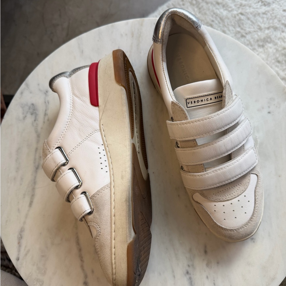 Veronica Beard White Sneakers with Red and Silver Accents - Picture 2 of 12